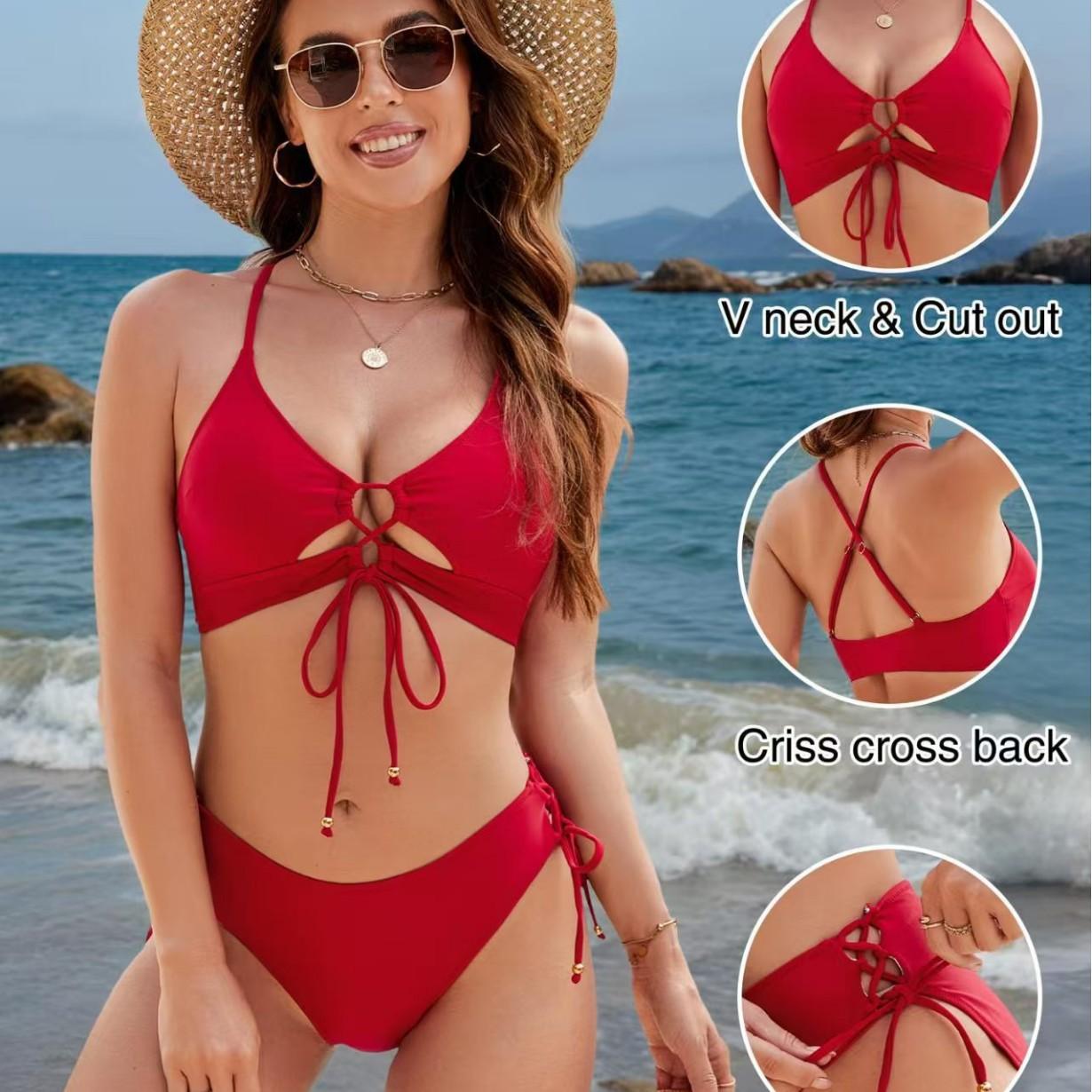 Solid-color Split Swimsuit Womens Multi-color Drawstring Sexy Hollow-out Bikini