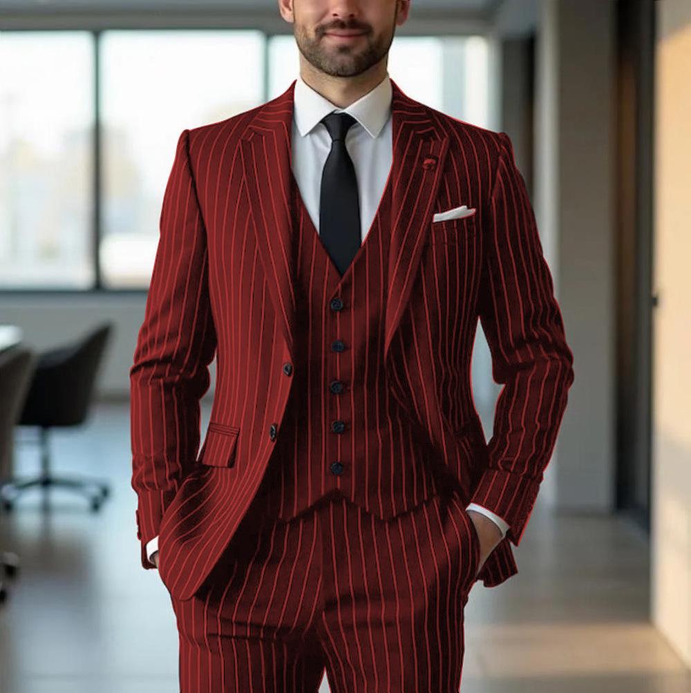 Black Vertical-Stripe Mens Formal Suit Three-Piece Set