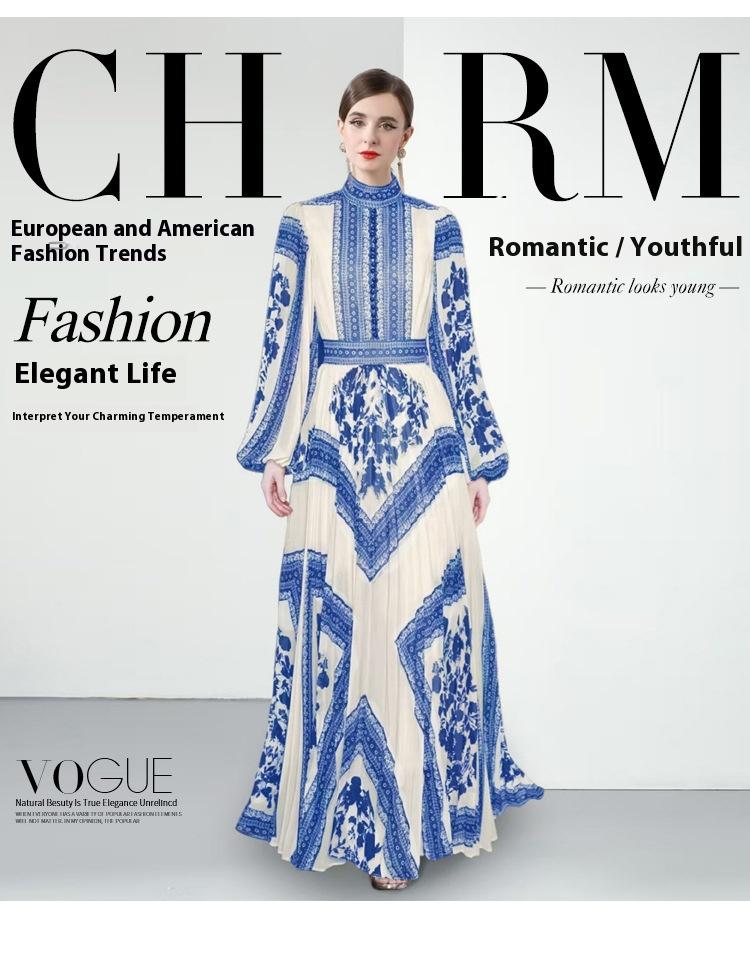 European And American Elegant Stand-up Collar Puff Sleeve Positioning Printed Waist-controlled Pleated Puffy Long Dress