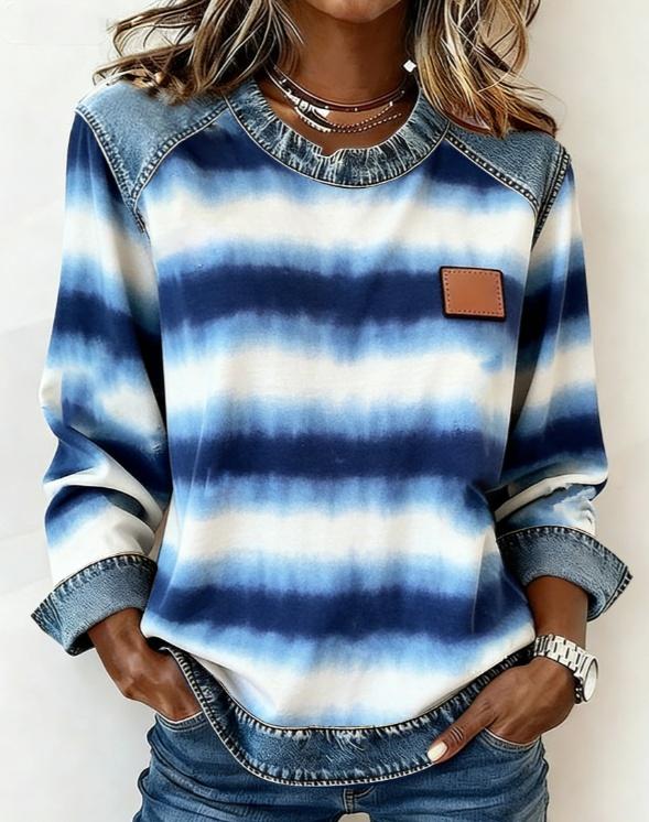 Casual Round Neck Color-blocked Printed Long-sleeved Loose Top