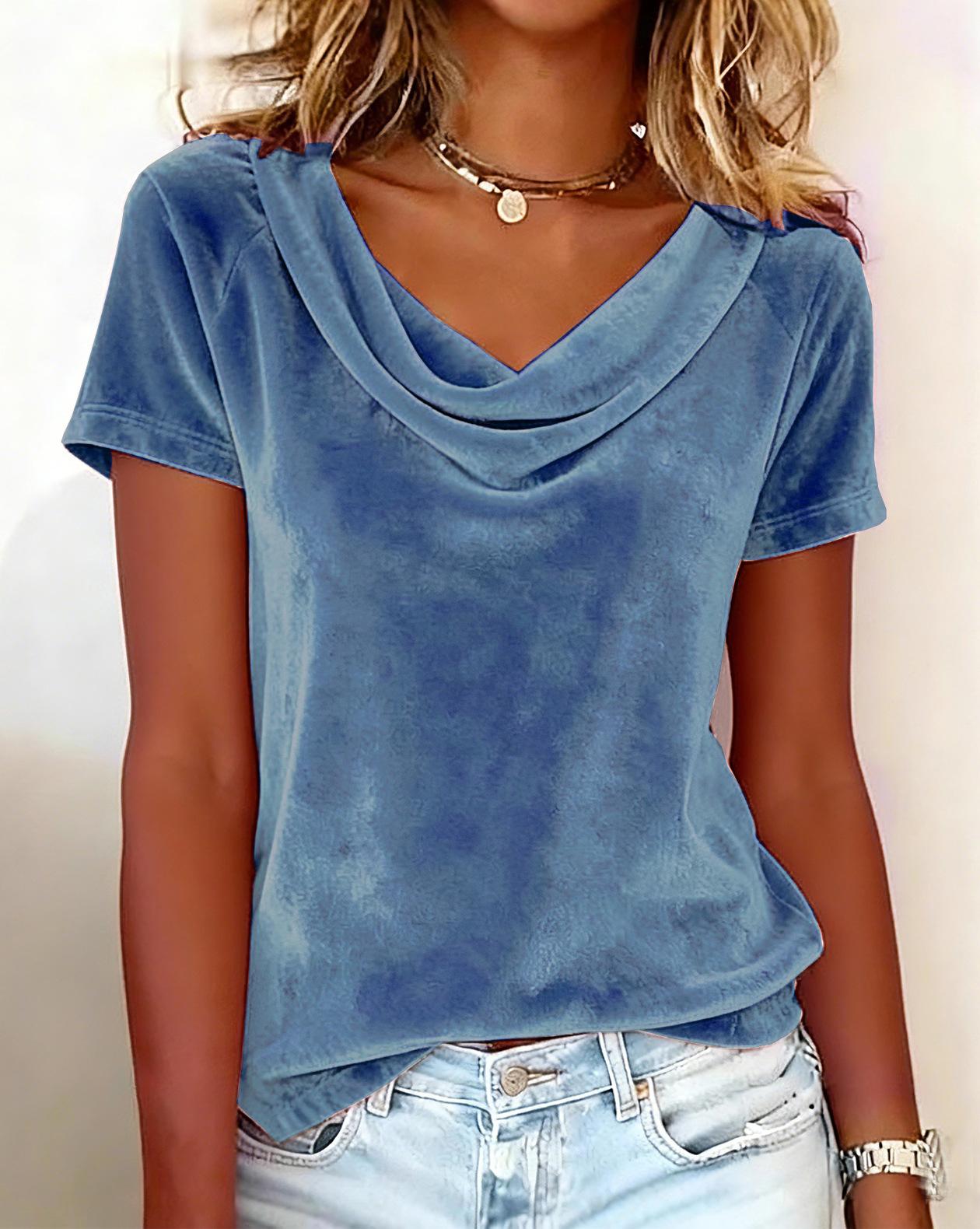 Solid-color Casual Cowl-neck Sexy Velvet Short-sleeve