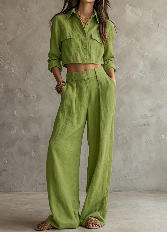Green Short-sleeved Shirt And Wide-leg Pants Set
