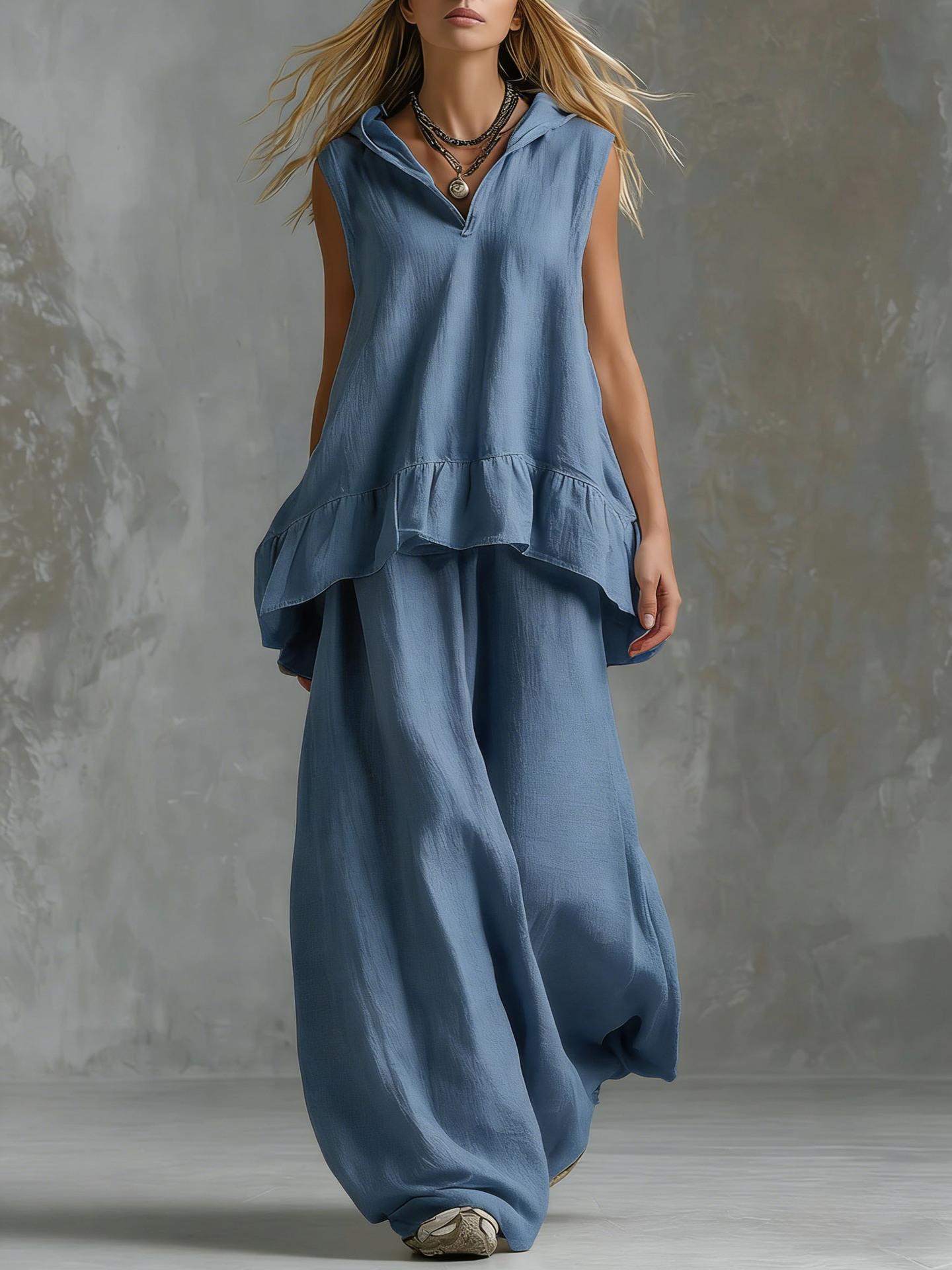 Casual Sleeveless Top And Fashionable Wide-Leg Pants Two-Piece Set