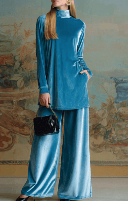Velvet Casual Turtleneck Long-sleeved Wide-leg Pants Suit