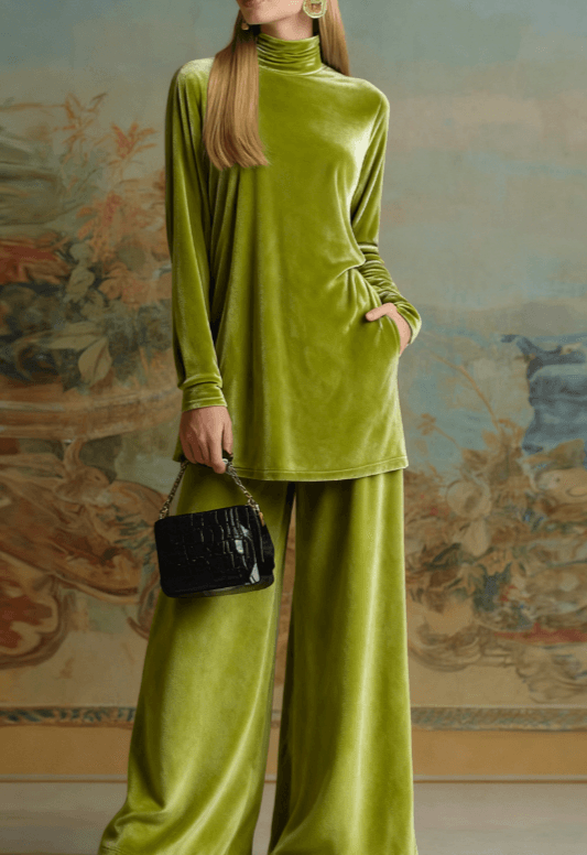 Velvet Casual Turtleneck Long-sleeved Wide-leg Pants Suit