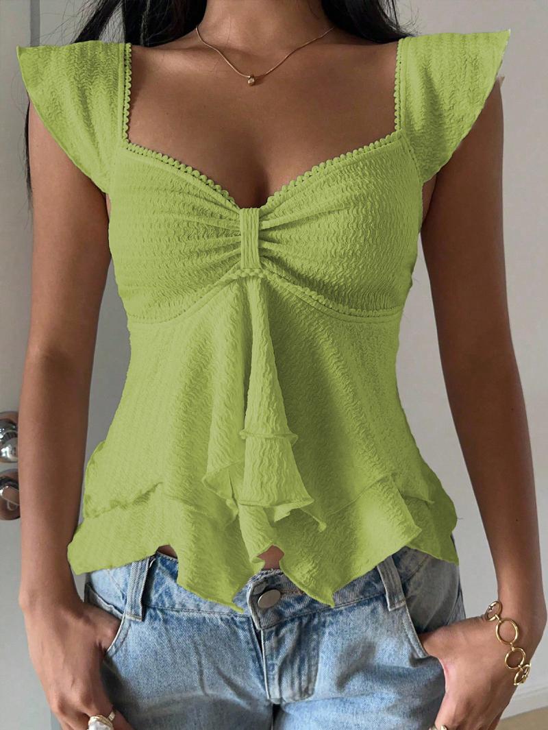 Hot Girl Slim-fit Solid Color V-neck Ruffle Top
