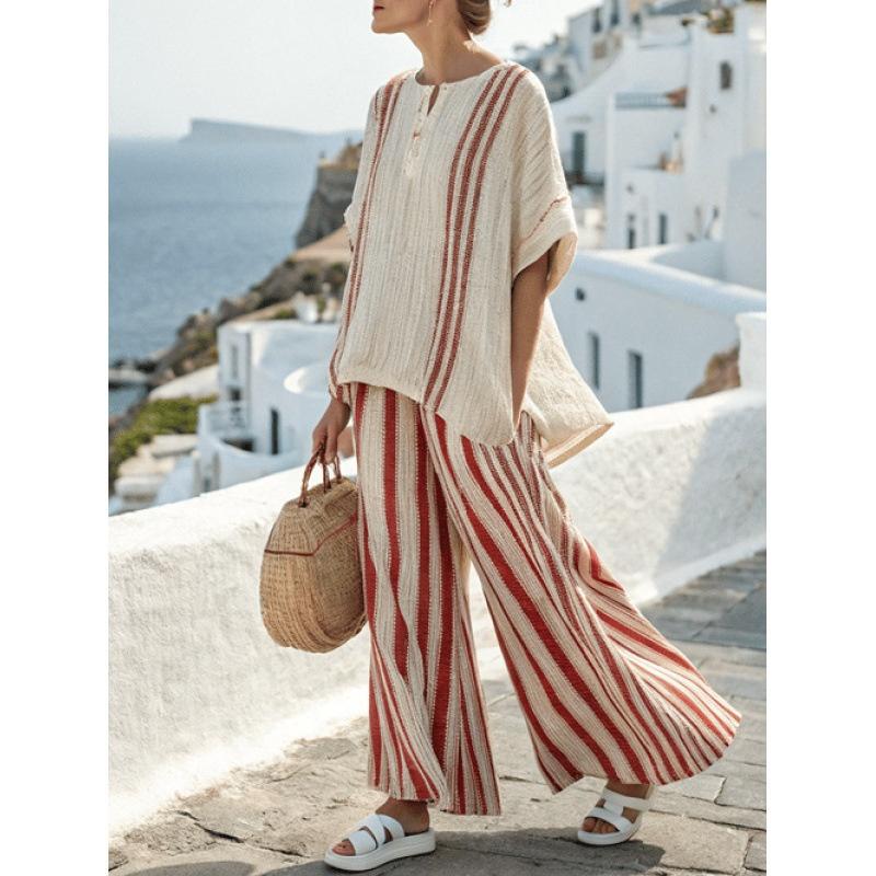Round Neck Striped Short Sleeve Cotton And Linen Top Casual Pants