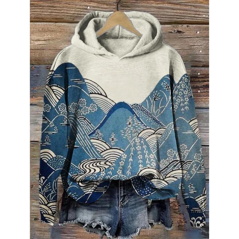 Womens Printed Hooded Long-Sleeve Pullover Sweatshirt