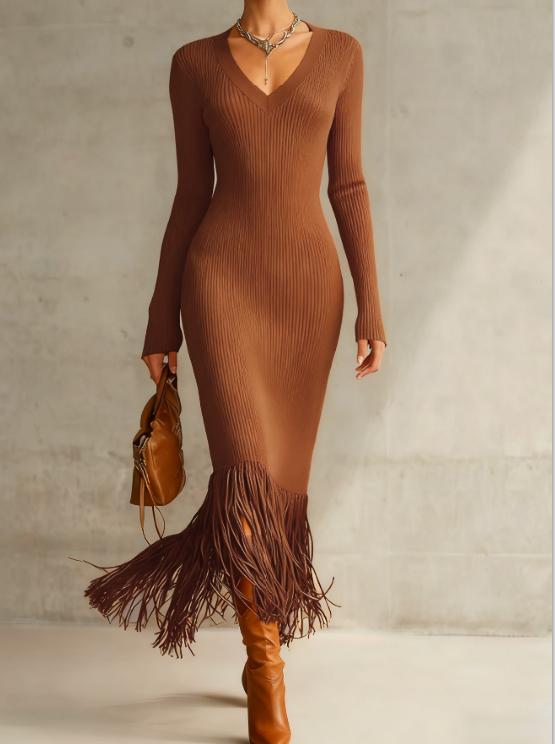 Knitted V-neck Tassel Slim-fit Casual Long-sleeved Dress