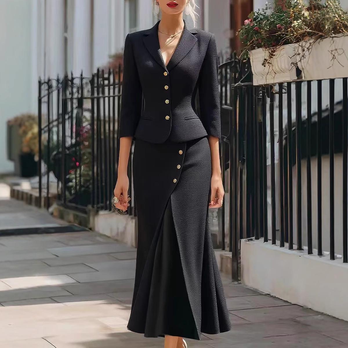 Three-quarter-sleeve Blazer And Long Skirt Set With Buttons And A Slit Mid-length Skirt