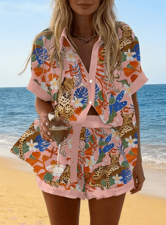 Resort Style Printed Loose Shirt And Shorts Set For Women