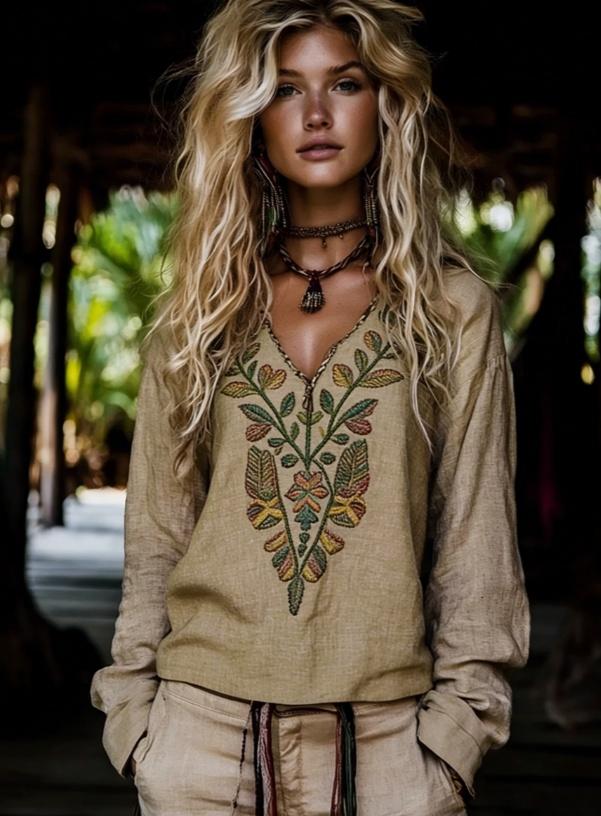 Ethnic Style V-neck Loose-fitting Long-sleeved Casual Pullover Top For Women