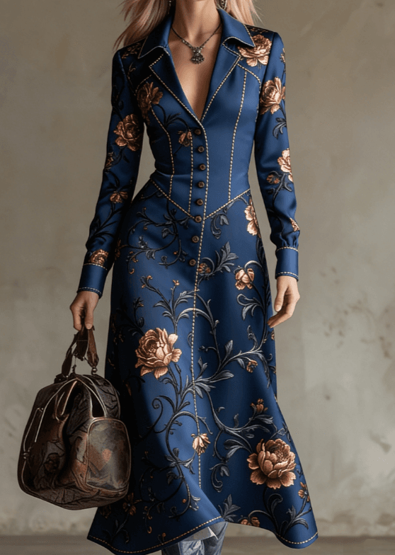 American Retro Style Lapel Fitted Waist Long Shirt Dress For Women