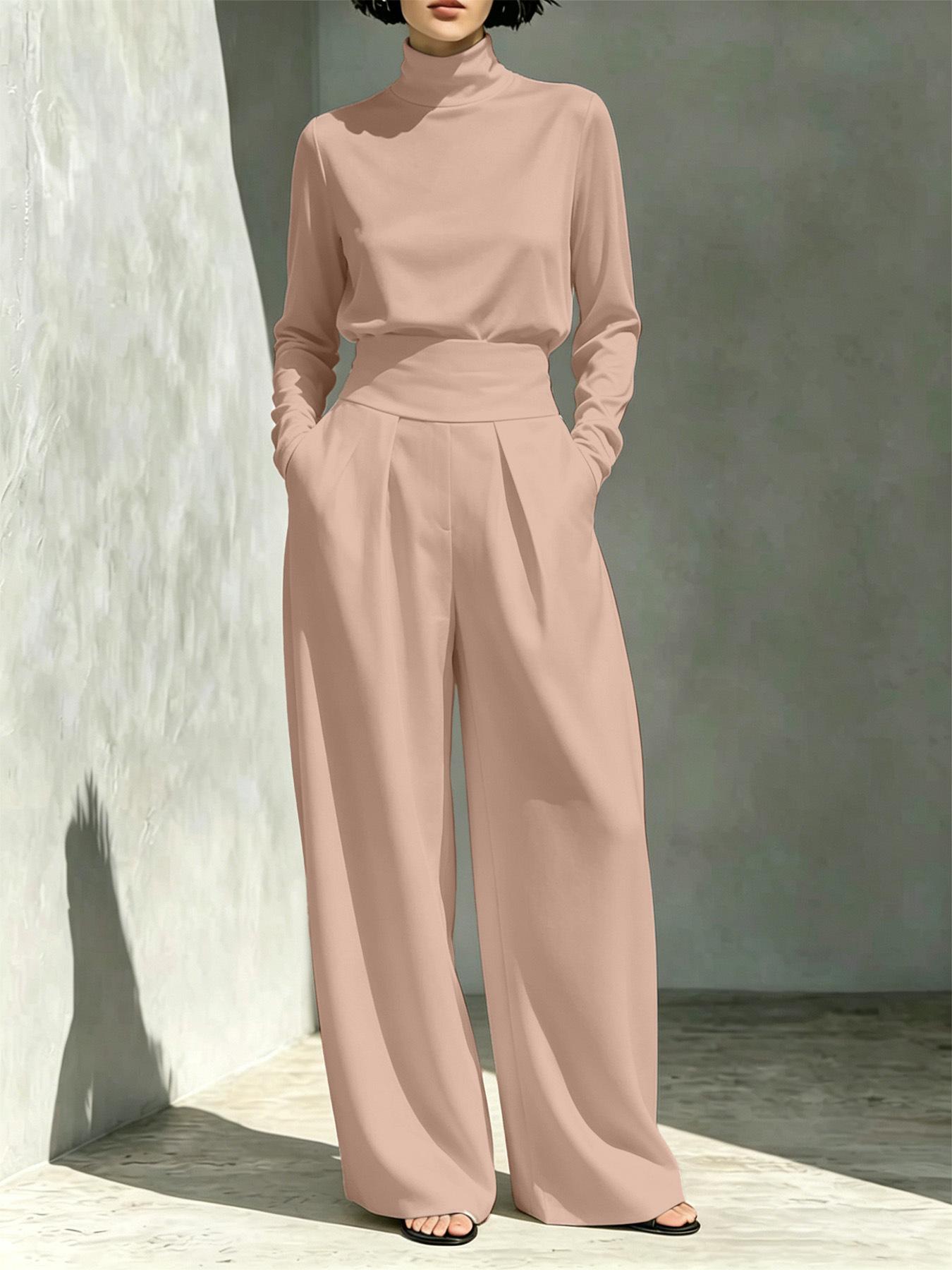 2026 Autumn Winter New Cross Border Trade European And American Women's Fashion Independent Brand Solid Color High Neck Long-Sleeve Long Pants Casual Set For Women