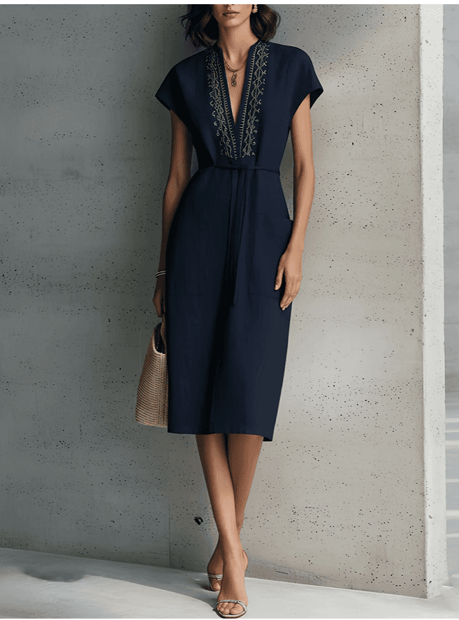 2026 Summer New V Art Retro Collar Embroidered Strap Waist Short Sleeve Medium To Long Commuter Dress