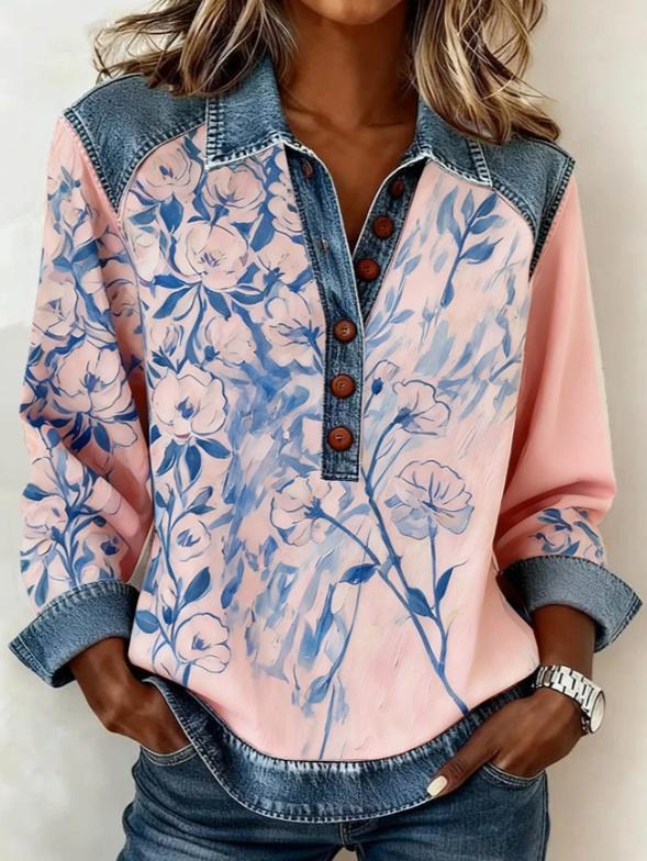 Denim Patchwork Collar Button-down Casual Long-sleeved Top