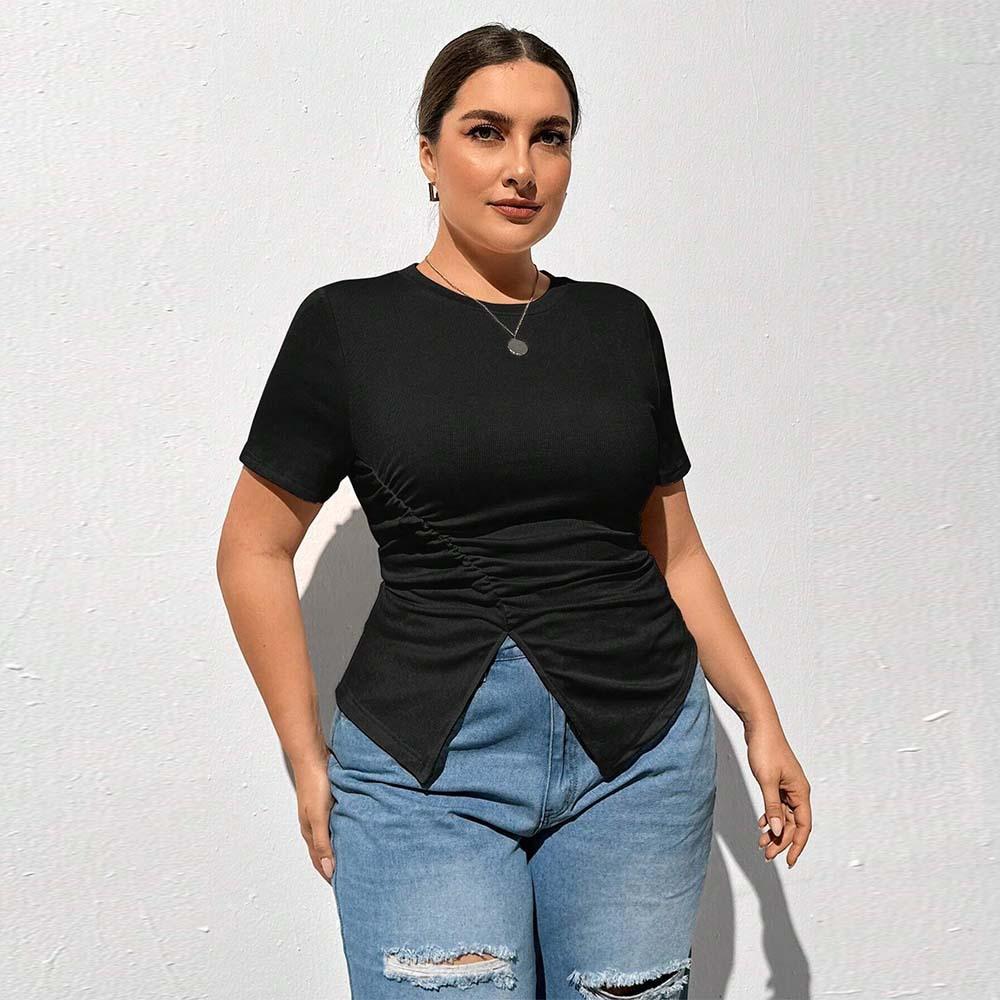 Simple Style New Round Neck Solid Color Short Sleeve Slit T-shirt