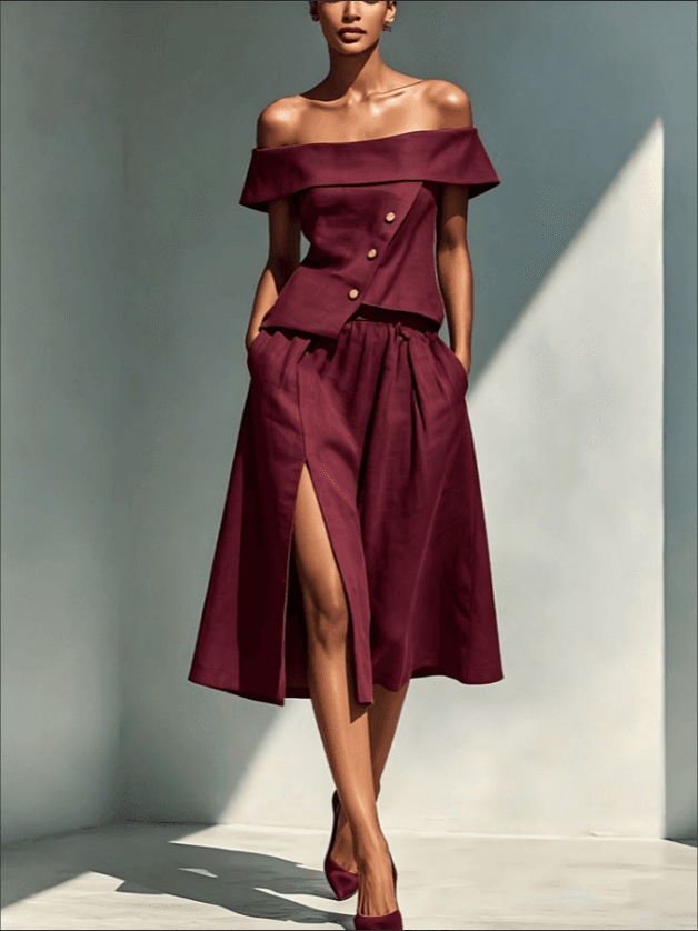 Off Shoulder Fold Over Collar Asymmetric Button Top And Elastic Waist High Slit Midi Skirt Two Piece Set