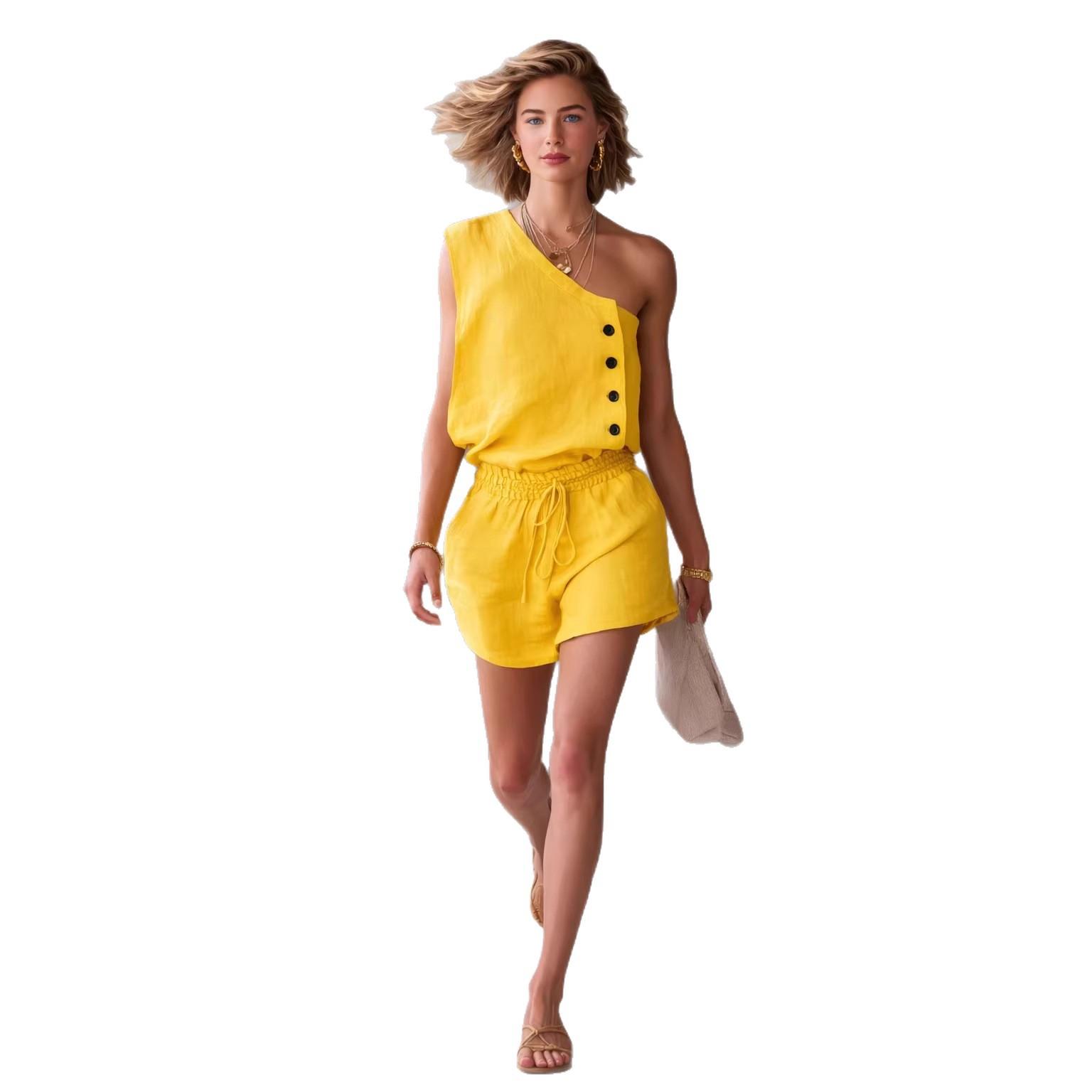 Casual Cotton-Linen One-Shoulder Sleeveless Button-Up Top And Shorts Set