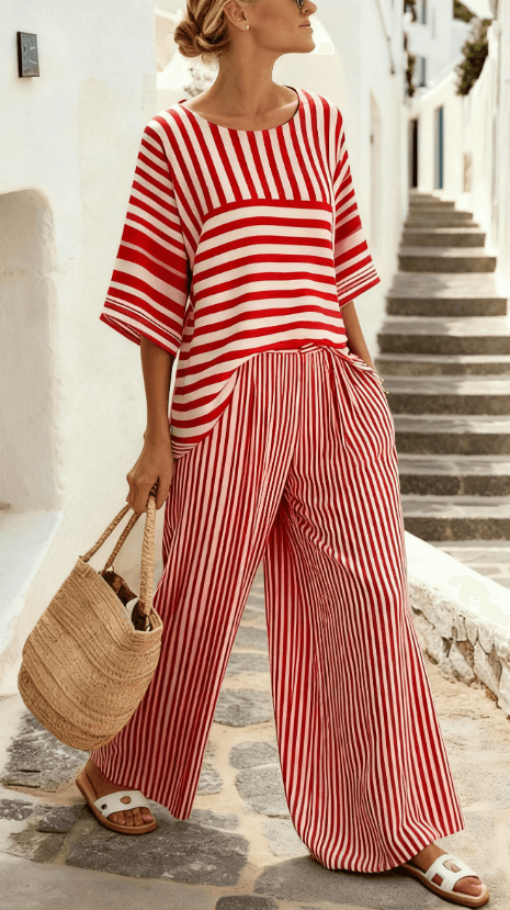 Summer Striped Suits Loose Batwing Sleeve T-shirt And Solid Straight-leg Pants