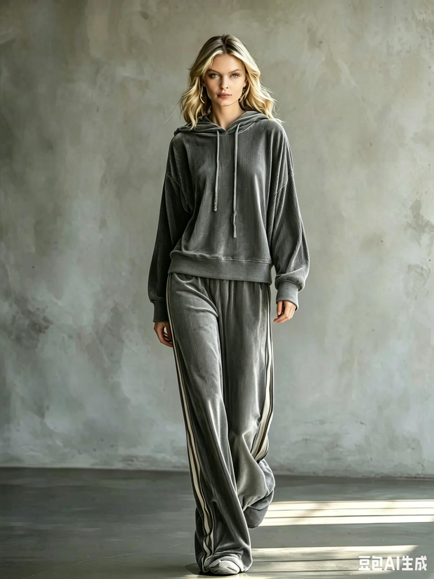 Cozy Grey Velvet Tracksuit, Oversized Hoodie Contrast Side Stripe Drape Wide Leg Sweatpants Outfit