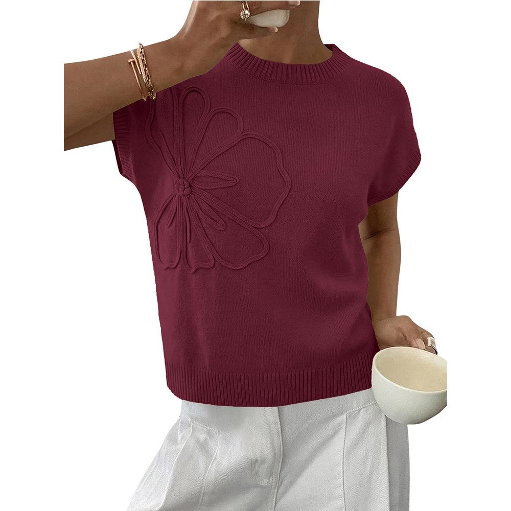Solid-color Jacquard Womens Knitted Short-Sleeve Flower Sweater