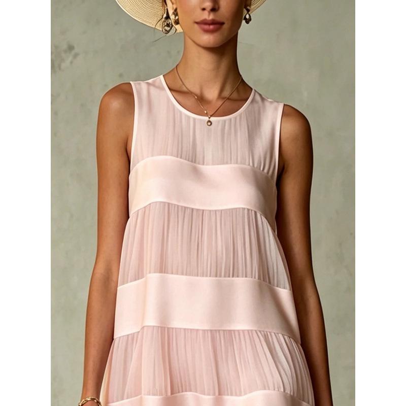Color-block Sleeveless Vest-style Striped Ruffled Hem Dress