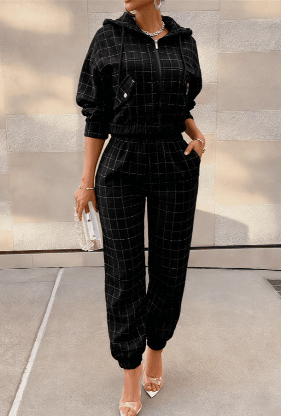 2026 Women's Chanel-style Plaid Hooded Set - High Street Tweed Zip-up Sweatshirt