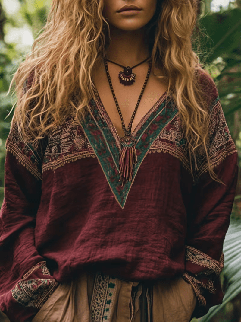 Ethnic Style V-neck Printed Loose-fitting Women's Long-sleeved Casual Top