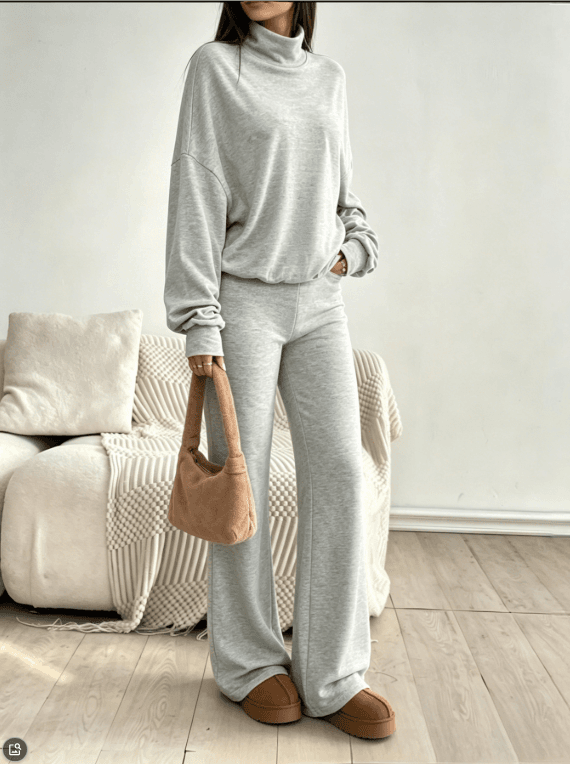 Ma Grey High Collar Shoulder Loose Long Sleeve Top With High Waist And Slight Sagging, Casual Two Piece Set