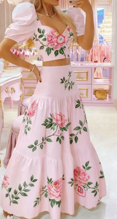 Sweet Floral Print Puff Sleeve Cropped Top  High-waisted Maxi Skirt Two-piece Set For Women.