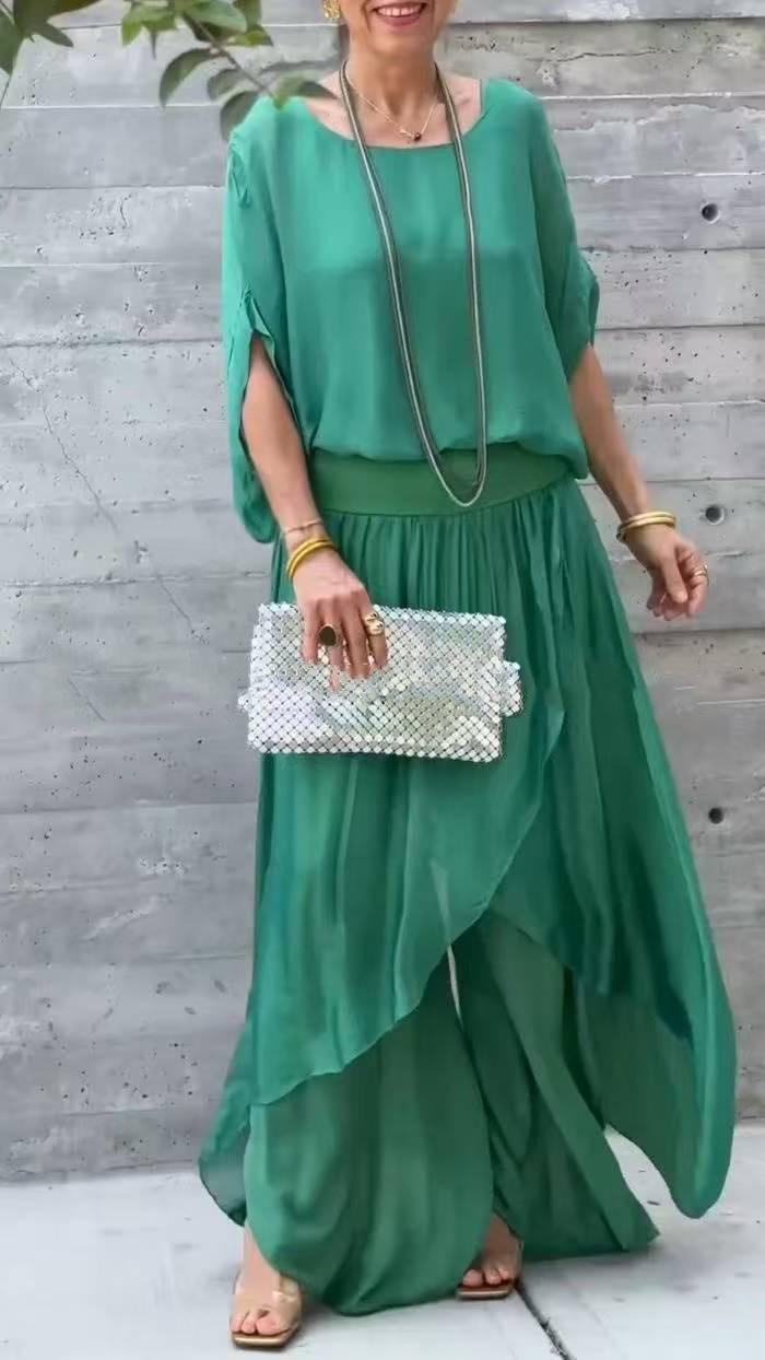 Loose Comfortable Top Split Wide Leg Pants Chiffon Casual Suit