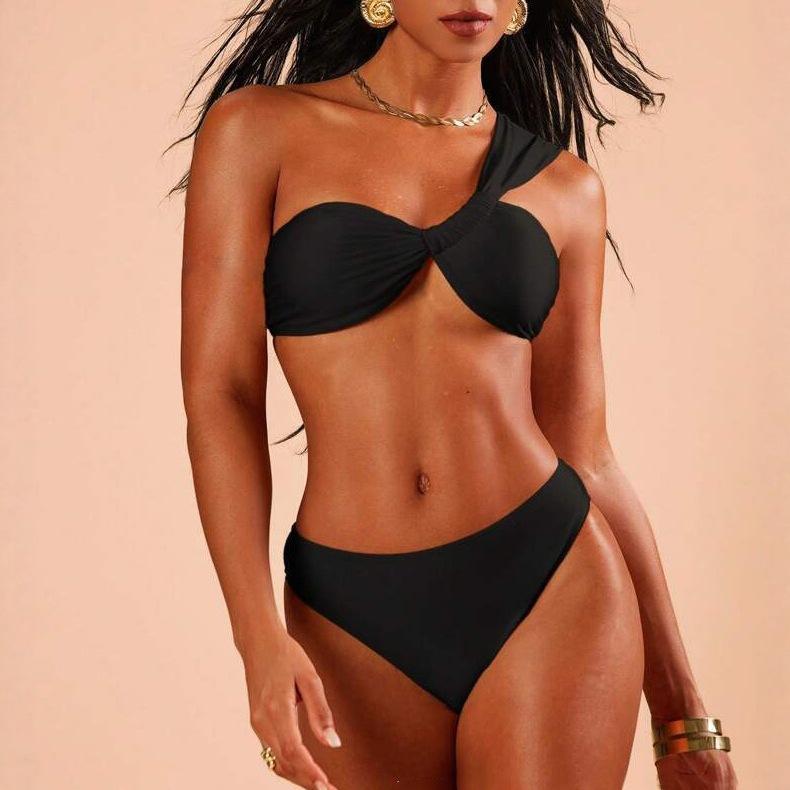 Women's Solid Color One-Shoulder Two-Piece Bikini Swimsuit Set