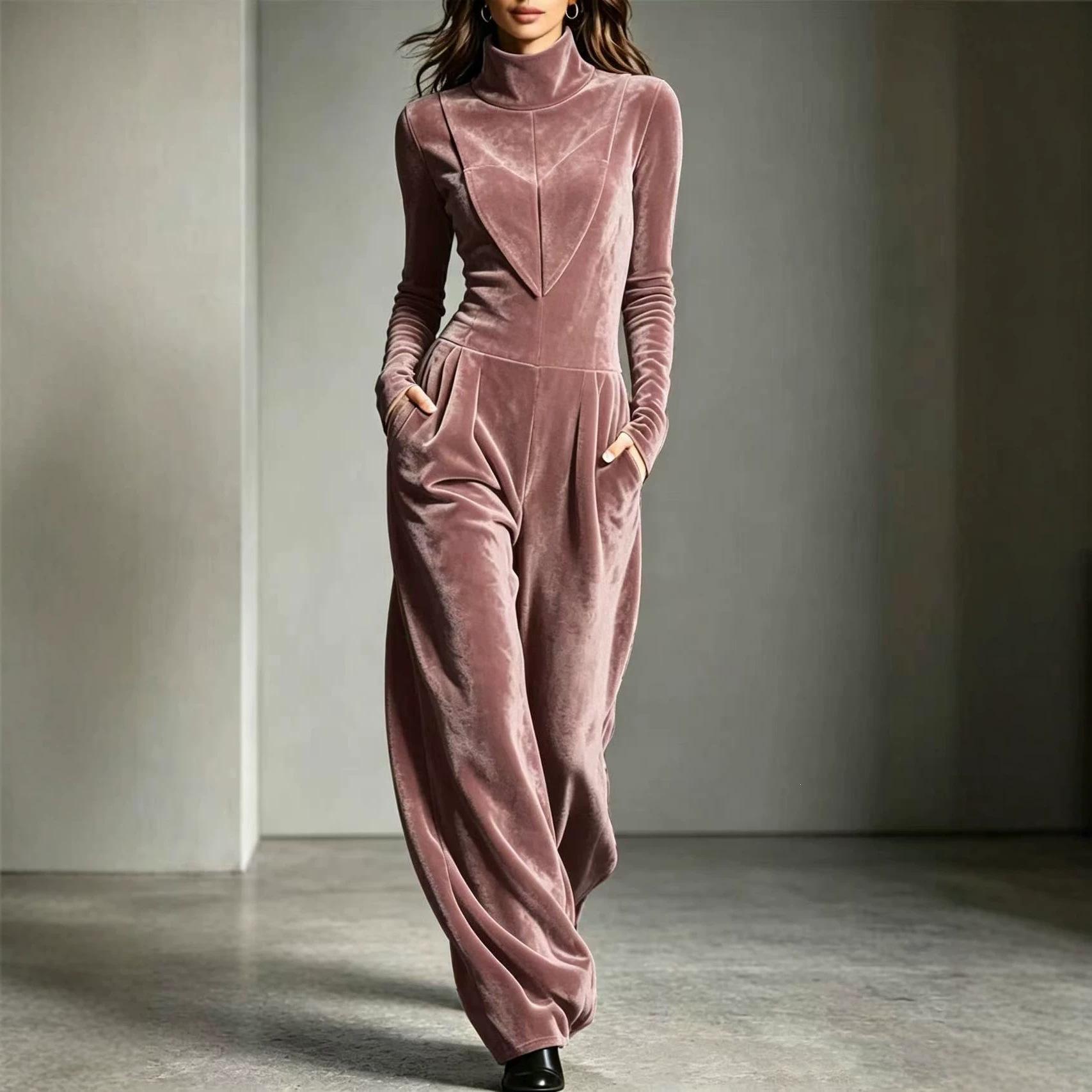 Womens Casual Turtleneck Solid-Color Long-Sleeve Jumpsuit