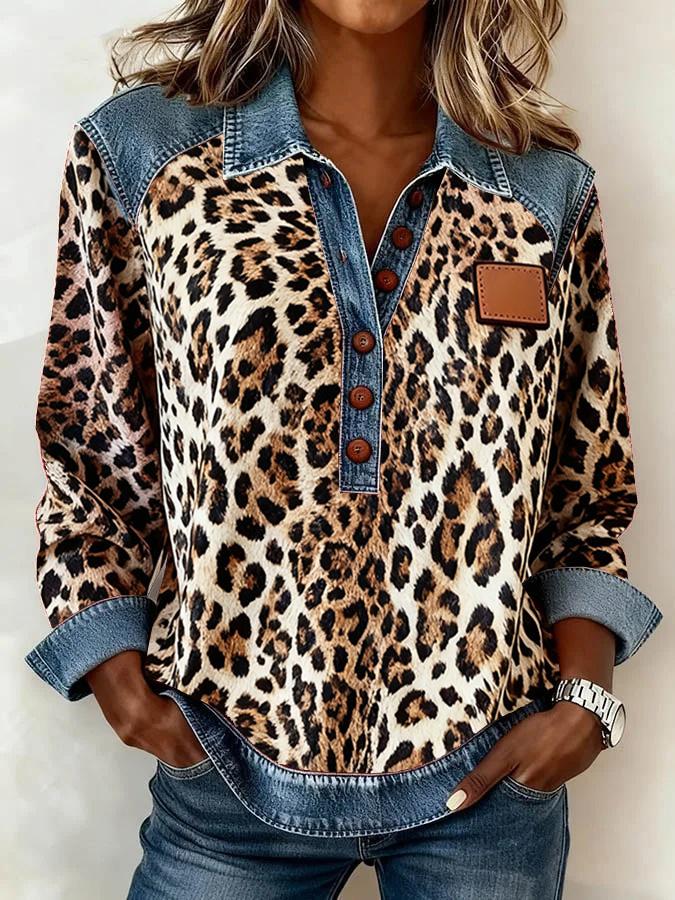 Denim Patchwork Collar Button-down Casual Long-sleeved Top