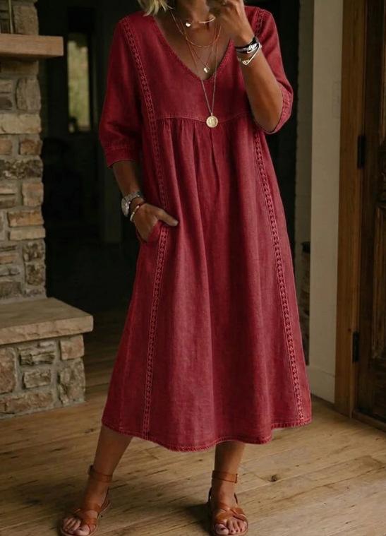 Casual Loose V-Neck Lace Trim Linen Cotton Dress