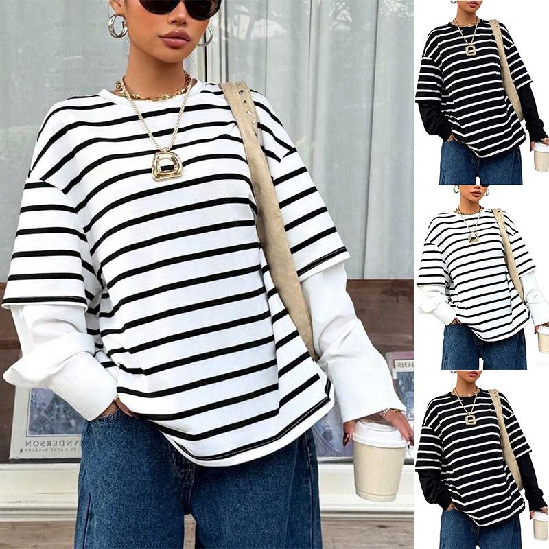Womens Round-neck Striped Loose-fit Mock Two-piece Hoodie