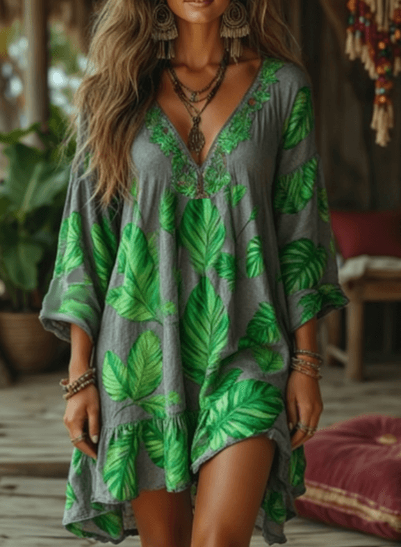 Sweet Floral Print V-neck Loose-fitting Women's Three-quarter Length Lantern Sleeve Mid-length Vacation Dress