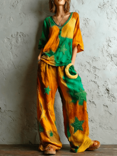 Bohemian-style Loose Top With Star And Moon Print - Wide-leg Pants Two-piece Set