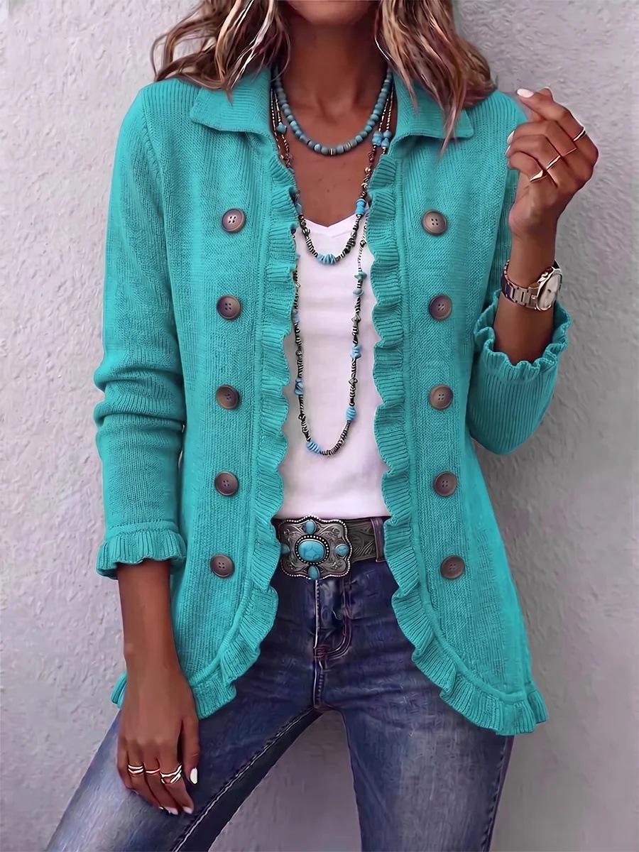 Elegant Womens Solid-Color Long-Sleeve Ruffled Knit Cardigan Sweater Coats With Buttons Spring Fall Front Opent Jackets Tops