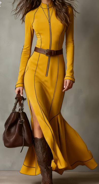 Plaid Zipper Waist-cinching Casual Long-Sleeved Dress