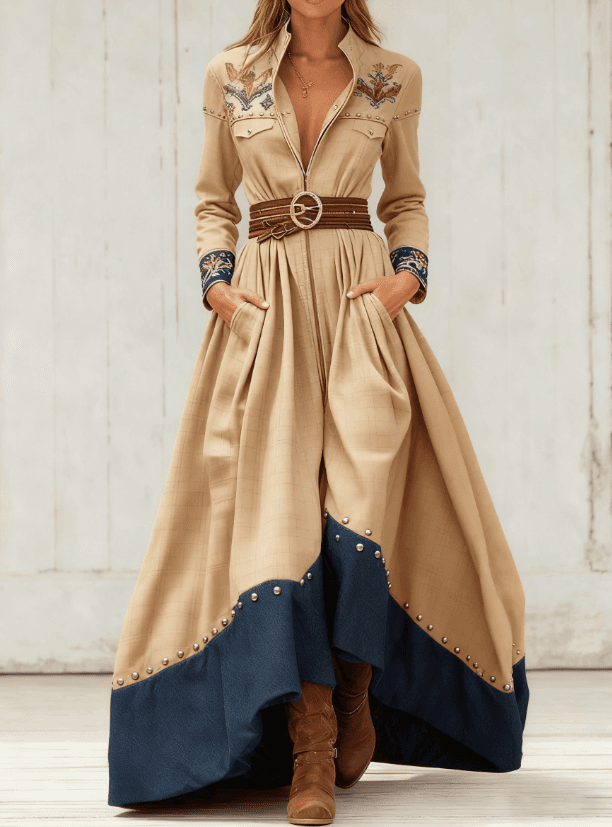Casual Retro Color-blocked Waist-cinching Long Dress
