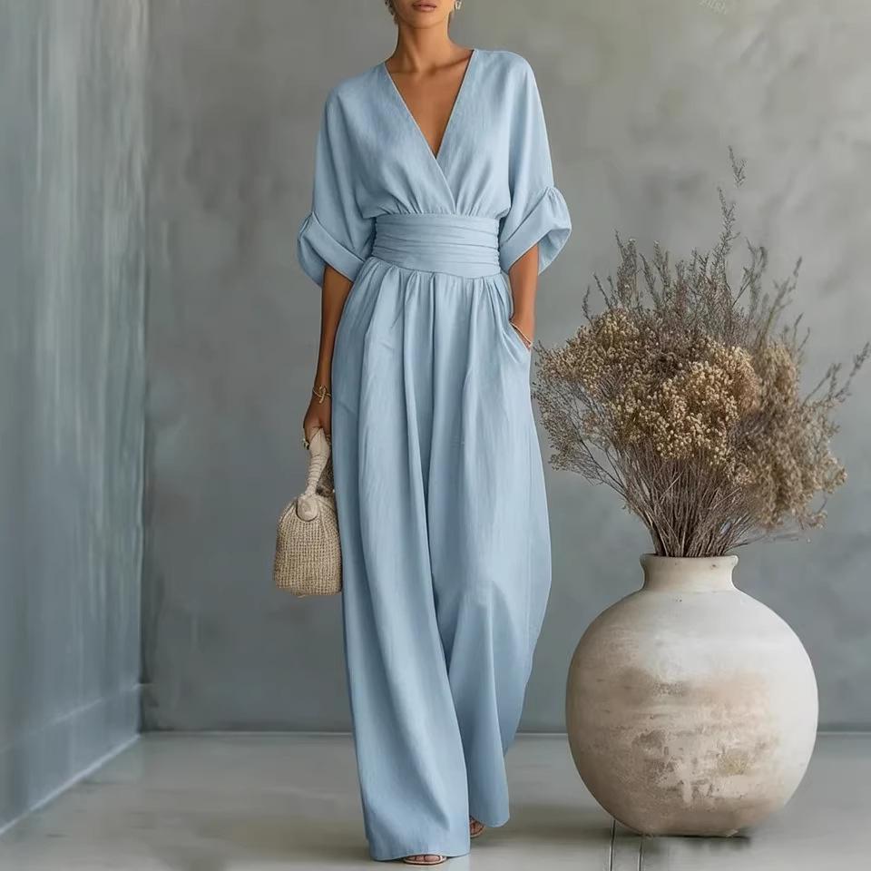 Elegant Deep V Neck Waist Wrap Sleeve Wide Leg Floor Length Jumpsuit