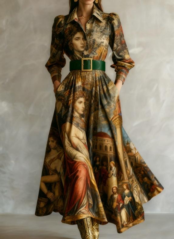 Waist-cinching Shirt Collar Casual Long Dress