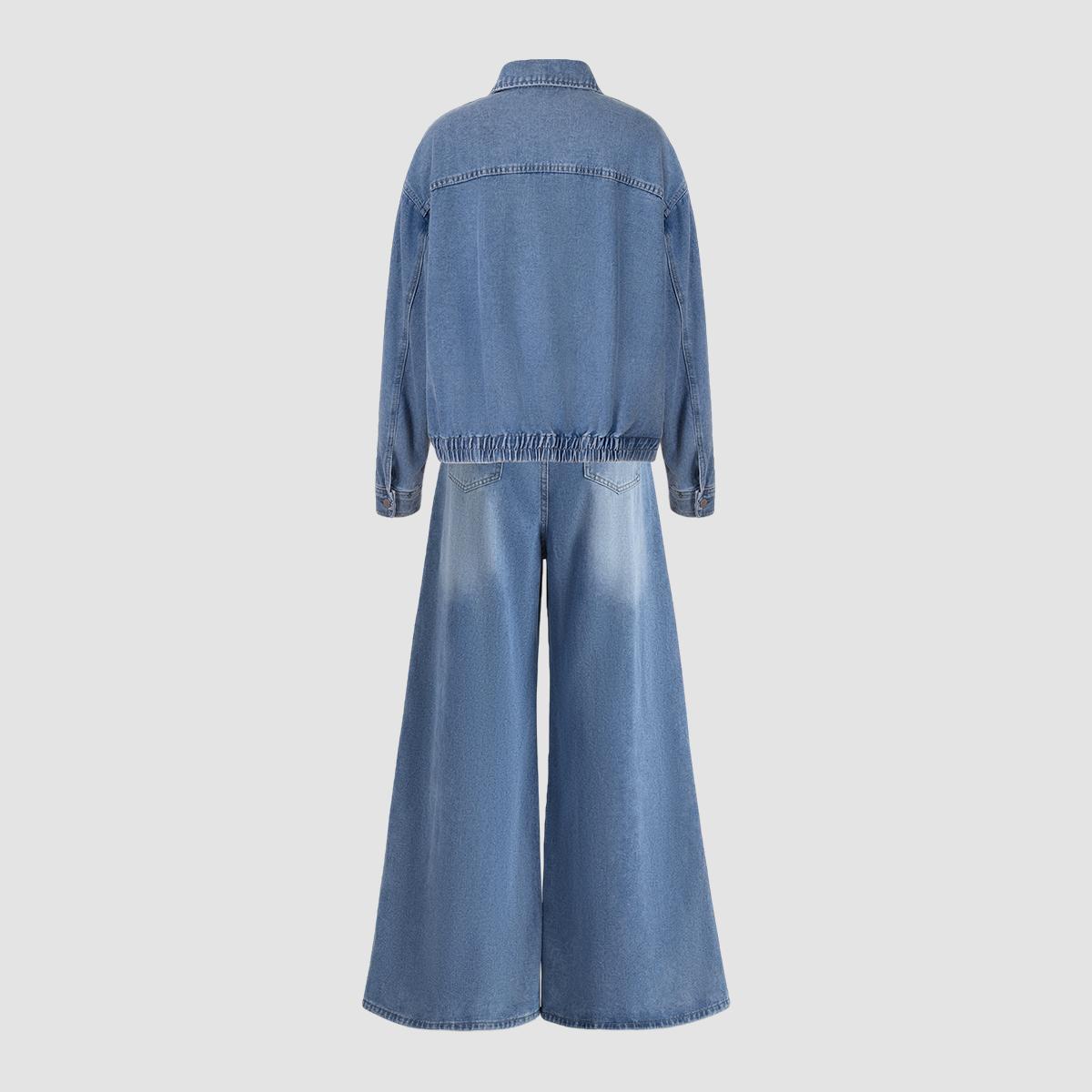 Light Blue Denim Cropped Jacket And Wide-leg Jeans Set
