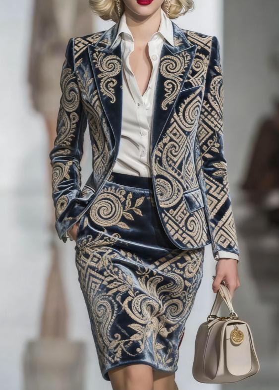 Elegant Velvet Printed Suit And Pencil Skirt Set