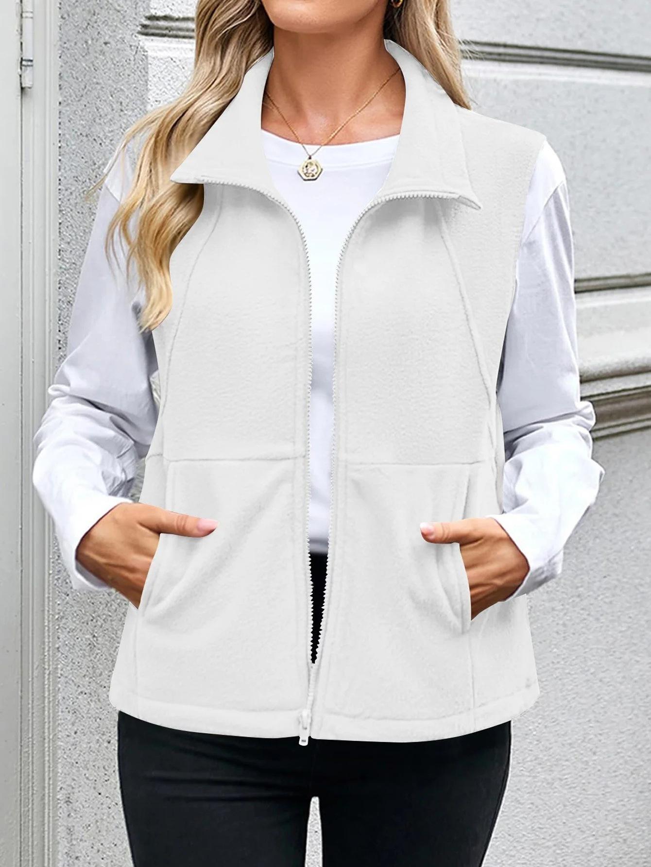 Fleece Vest With Pockets Zip Closure And A Lapel Collar Sleeveless Cardigan Style