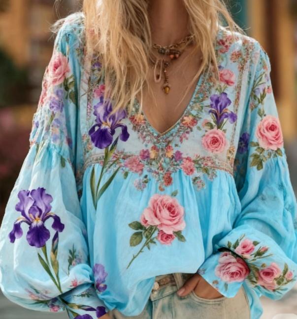 Floral Embroidery Casual V-neck Puff Sleeve Top