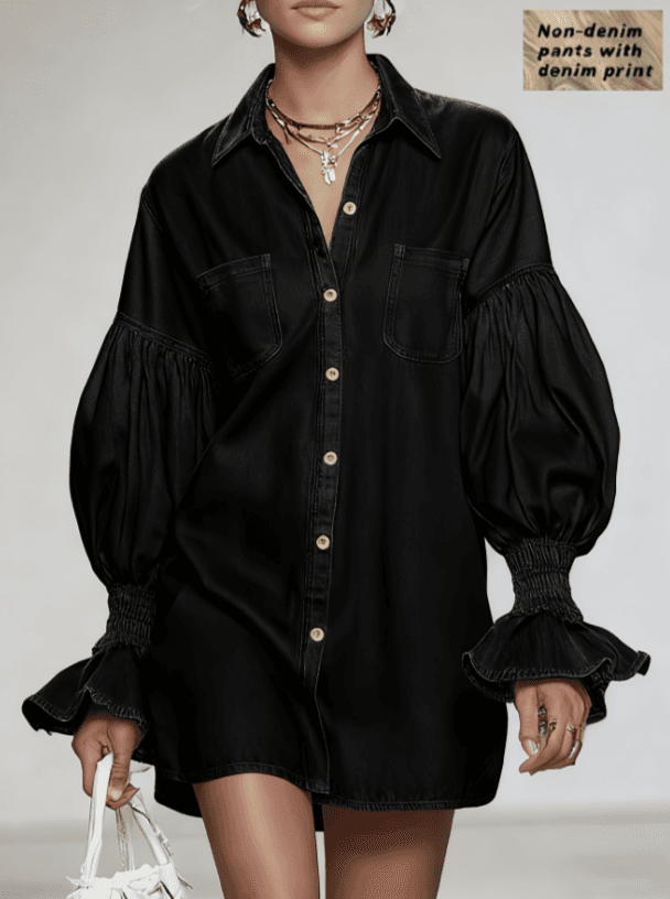 Puff-sleeve Denim Printed Shirt Dress