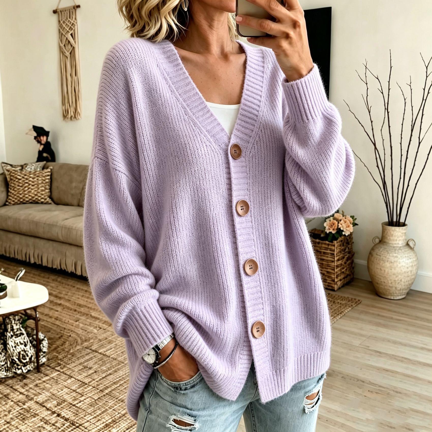 Buttoned V-neck Knitted Cardigan Sweater For Women